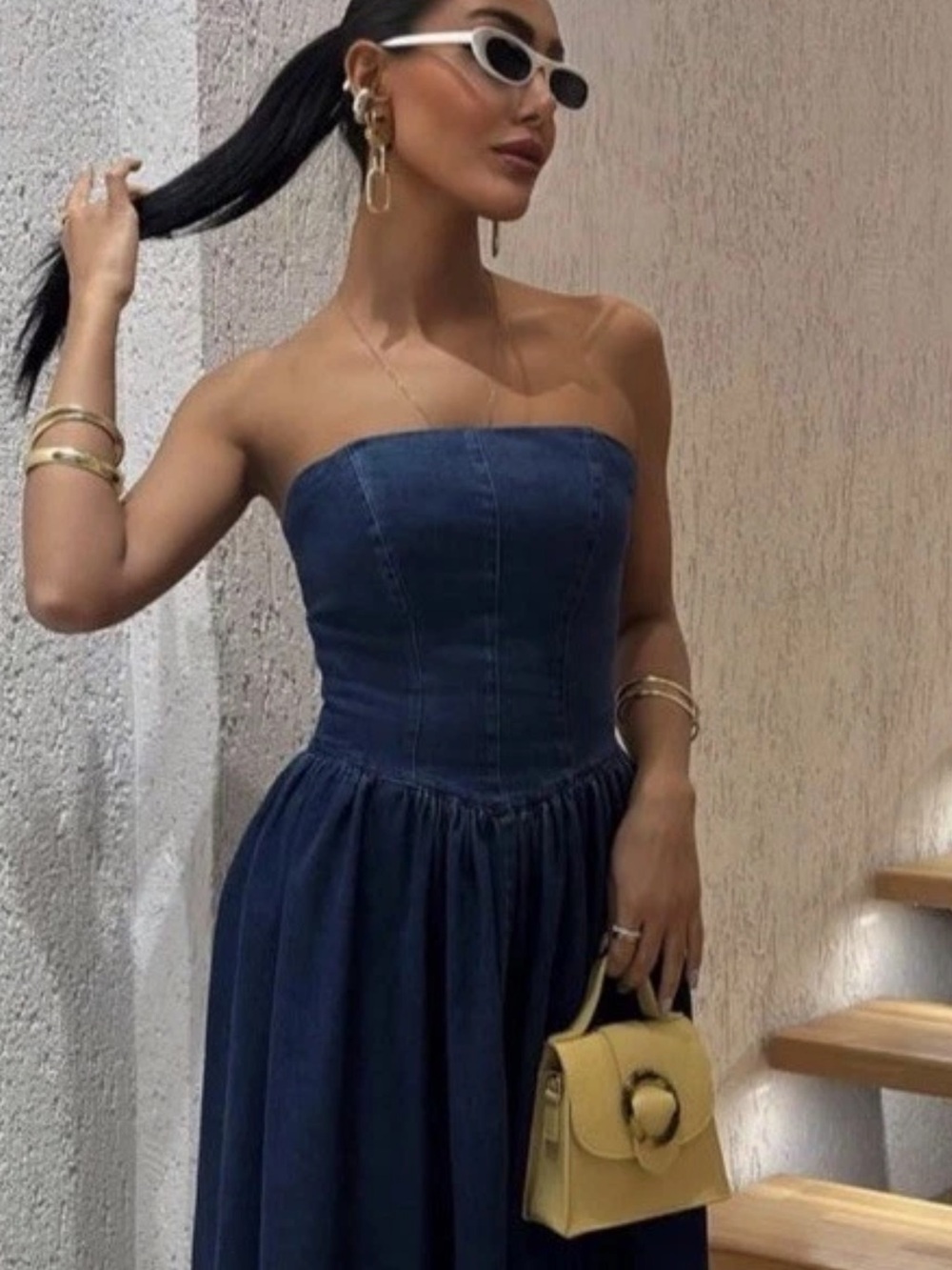 Active USA Strapless Denim Maxi Dress in Blue - Picture 2 of 8